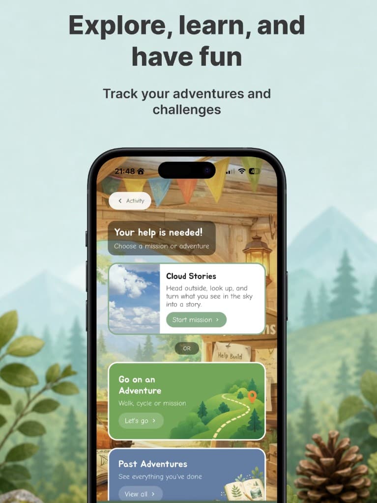 Huntly World adventure tracking screen for exploring and learning