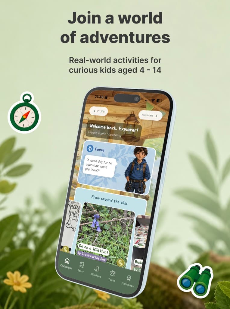 Huntly World clubhouse screen inviting children to join outdoor adventures