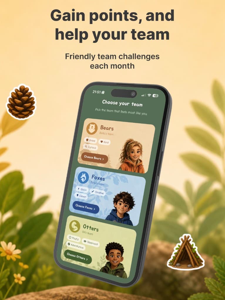 Huntly World team selection screen showing points and team challenges
